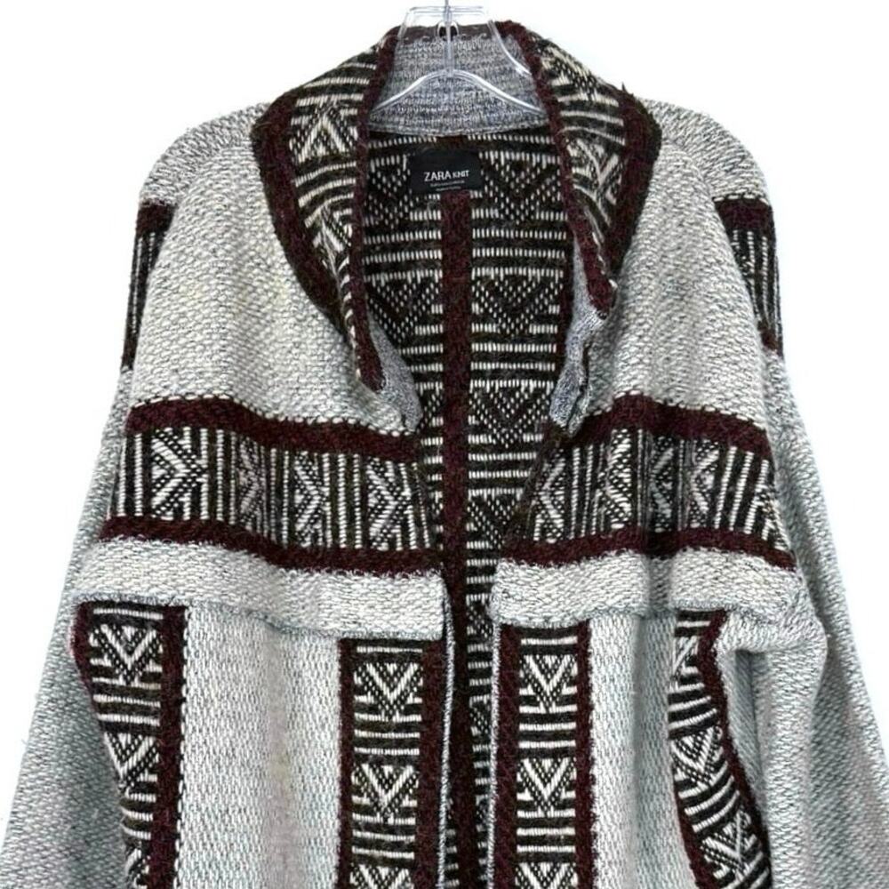 Zara Knit Oversized Sweater Jacket Chunky Knit Aztec Duster Size Small Gray Red - Picture 3 of 14